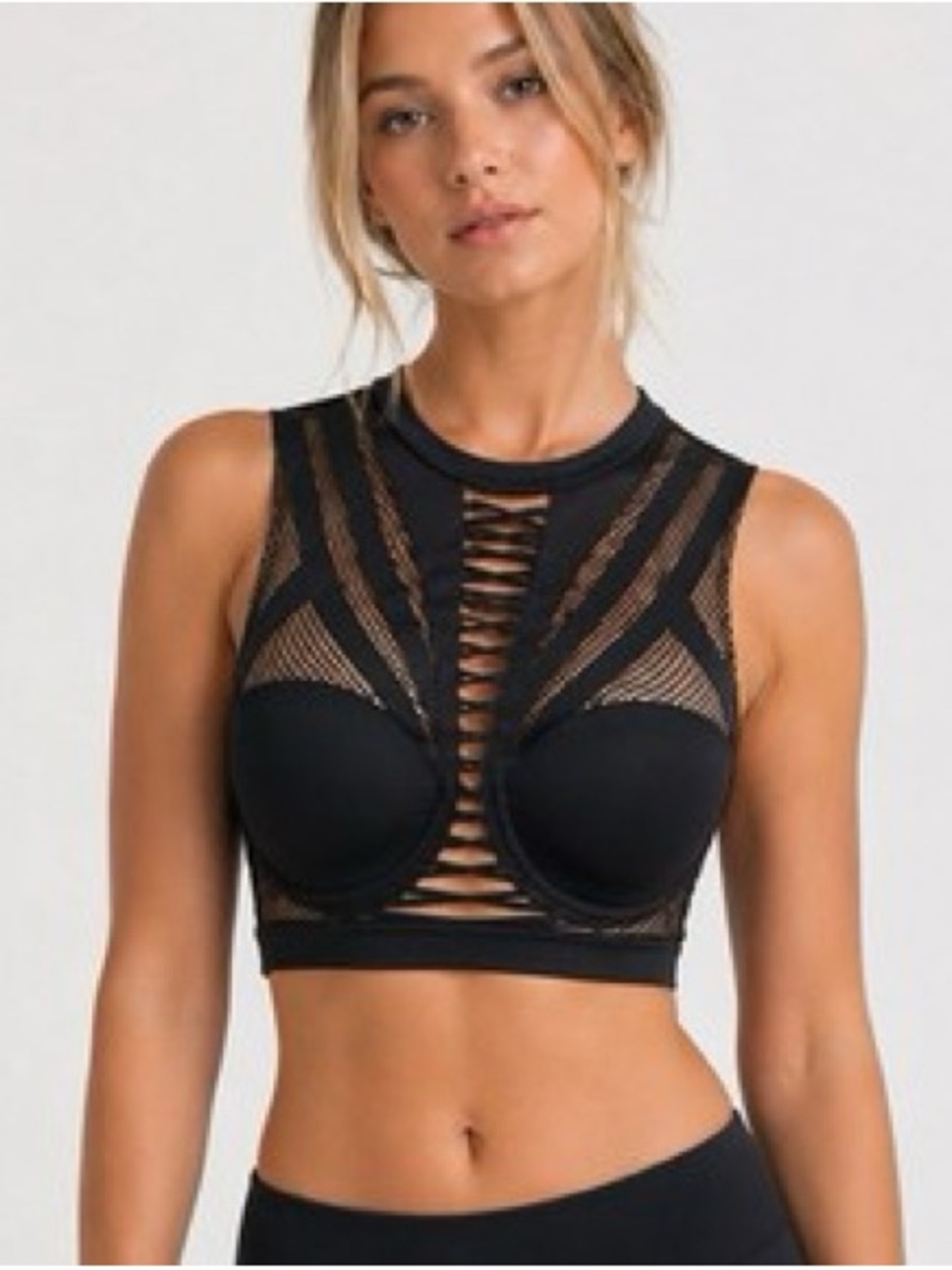 Balmain Black Lace-Panel Strappy Crop Sports Bra